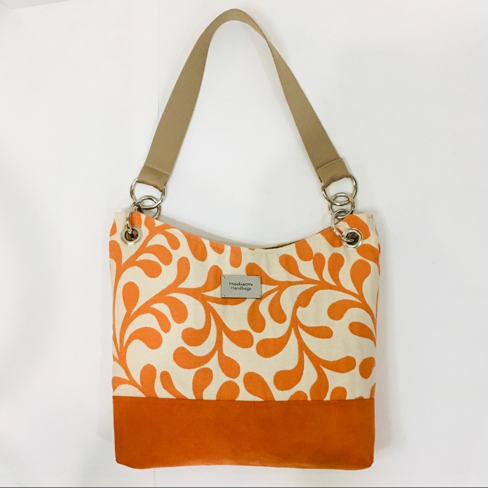 MADISON HANDBAGS Orange & Ivory Print Shoulder Bag